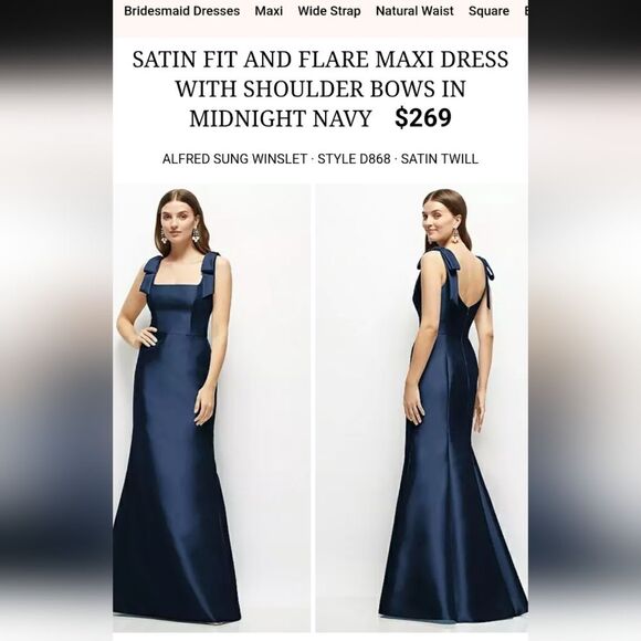 NWT Alfred Sung Satin Fit Flare Maxi Dress Gown Shoulder Bows Midnight Navy 16 - Picture 11 of 11